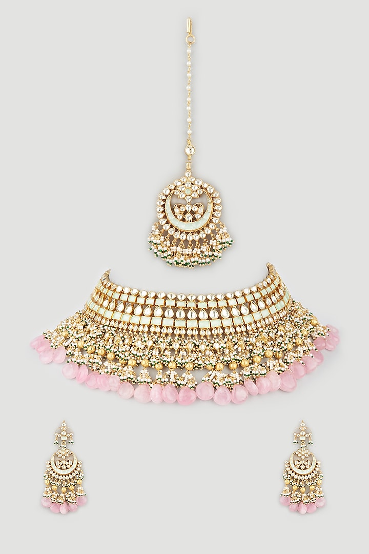 Gold Finish Blush Pink Beaded Choker Bridal Necklace Set by Khushi Jewels