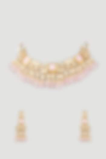 Gold Finish Blush Pink Stone Choker Necklace Set by Khushi Jewels