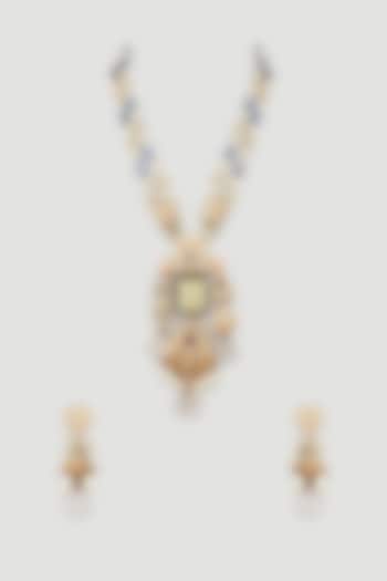 Gold Finish Long Necklace Set With Multi-Colored Stones by Khushi Jewels