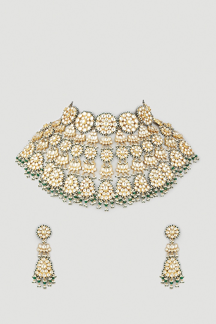 Gold Finish Choker Bridal Necklace Set With Kundan Polki by Khushi Jewels