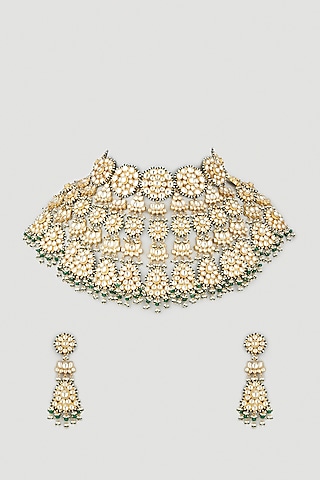 Gold Finish Choker Bridal Necklace Set With Kundan Polki by Khushi Jewels