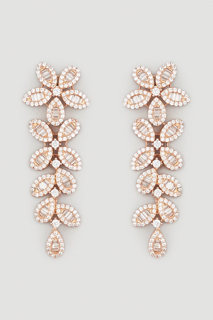 Rose Gold Finish Zircon & Diamond Floral Long Earrings by Khushi Jewels at Pernia's Pop Up Shop