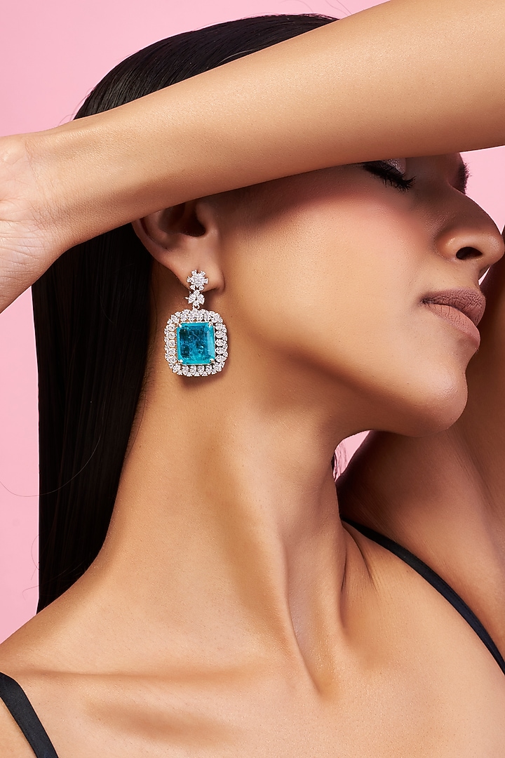 Silver Finish Blue Synthetic Stone Dangler Earrings by Khushi Jewels at Pernia's Pop Up Shop
