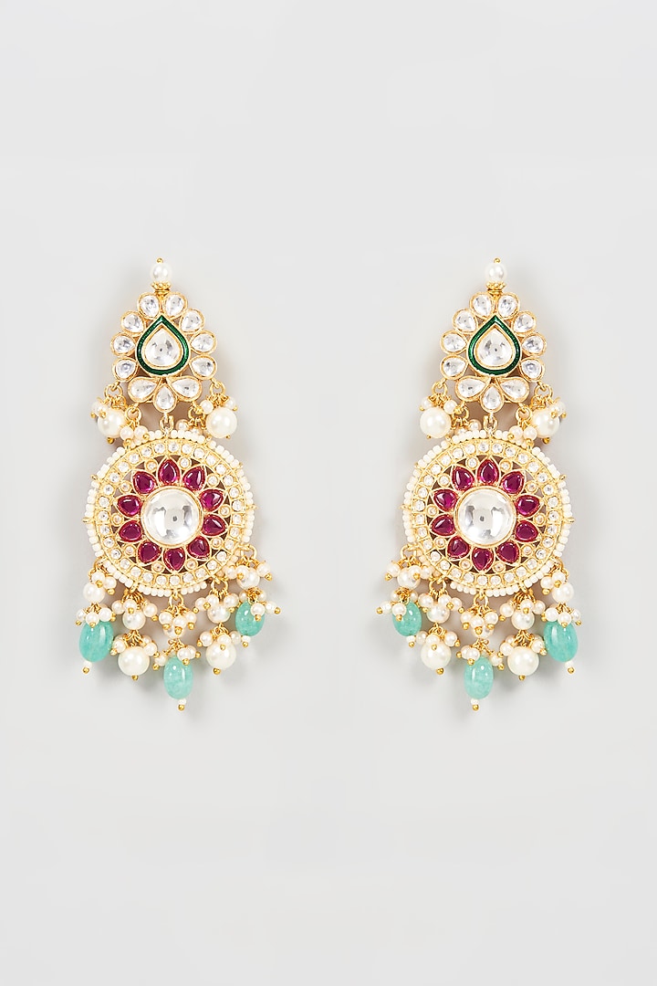 Gold Finish Stone & Kundan Polki Dangler Earrings by Khushi Jewels at Pernia's Pop Up Shop