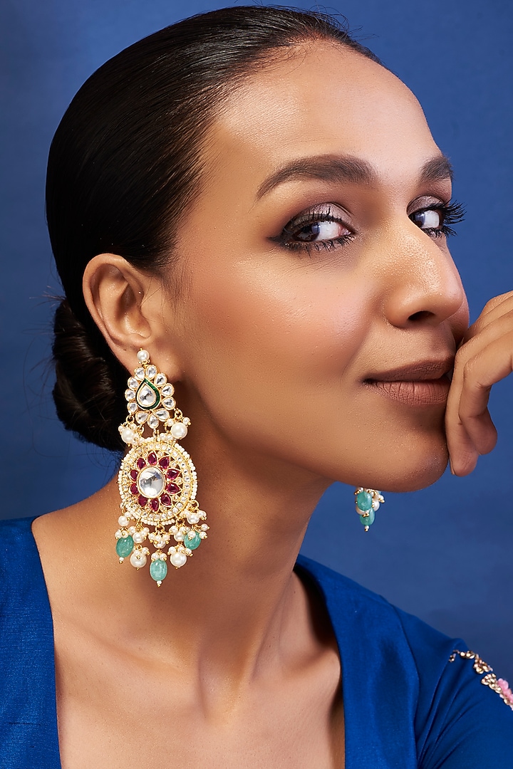Gold Finish Stone & Kundan Polki Dangler Earrings by Khushi Jewels at Pernia's Pop Up Shop