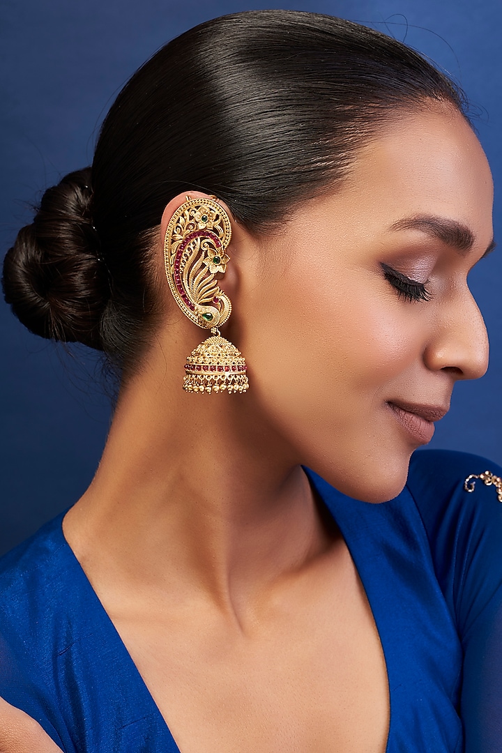 Gold Finish Stone & Kundan Polki Temple Earrings by Khushi Jewels at Pernia's Pop Up Shop