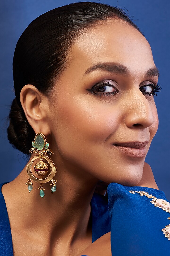 Gold Finish Turquoise Stone Chandbali Earrings by Khushi Jewels