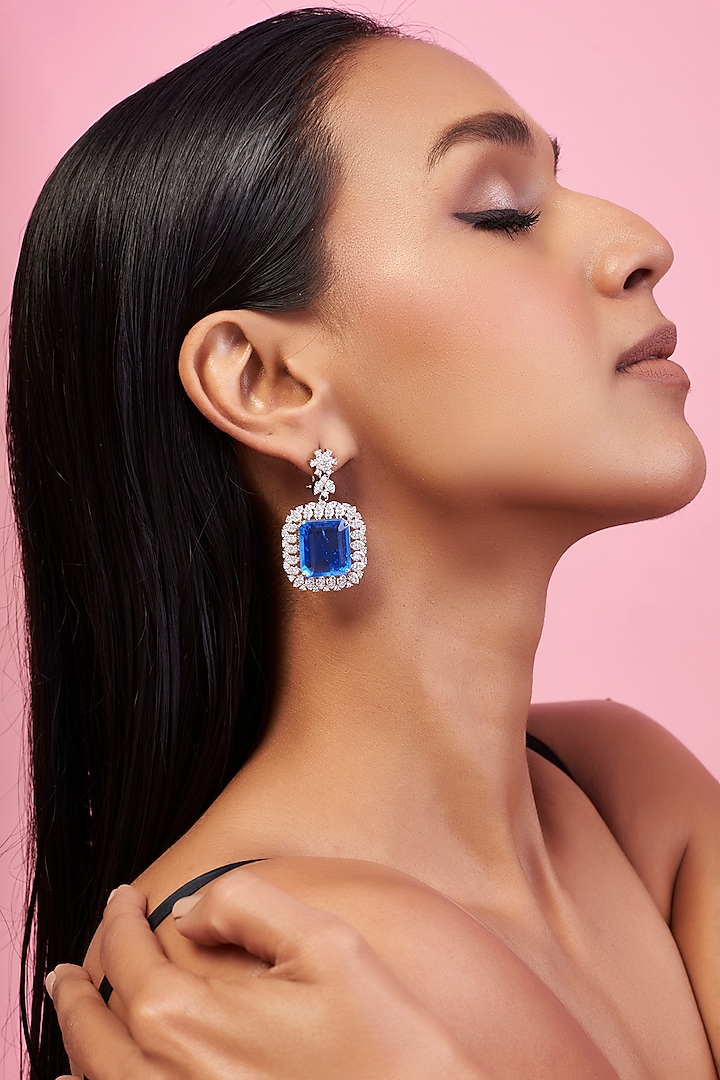 Silver Finish Blue Doublet Stone & Zircon Dangler Earrings by Khushi Jewels
