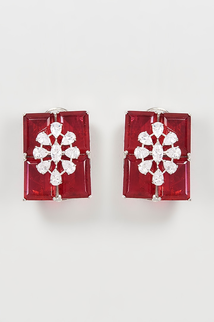 Silver Finish Red Doublet Stone Stud Earrings by Khushi Jewels