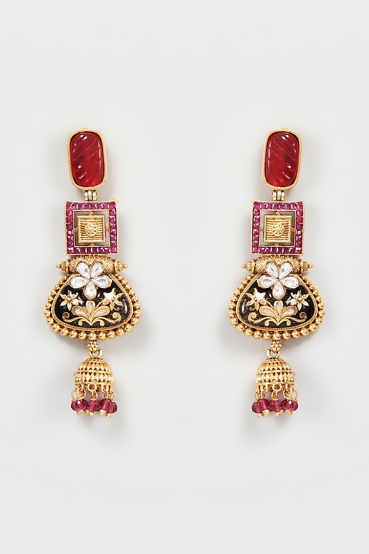 Gold Finish Kundan Polki Temple Earrings by Khushi Jewels