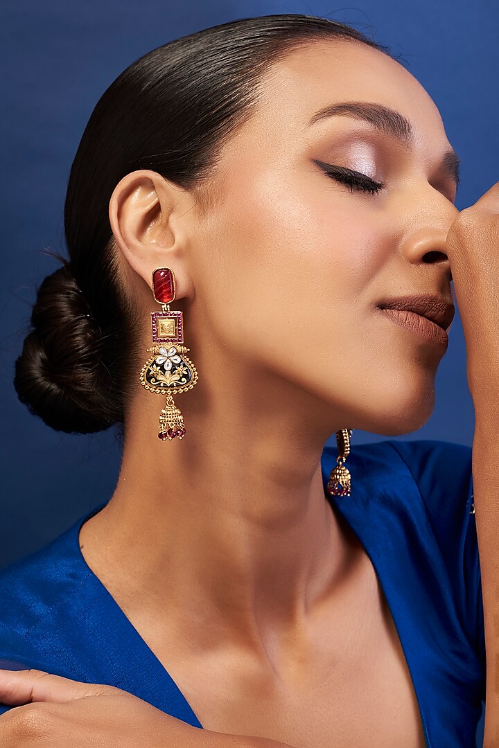 Gold Finish Kundan Polki Temple Earrings by Khushi Jewels