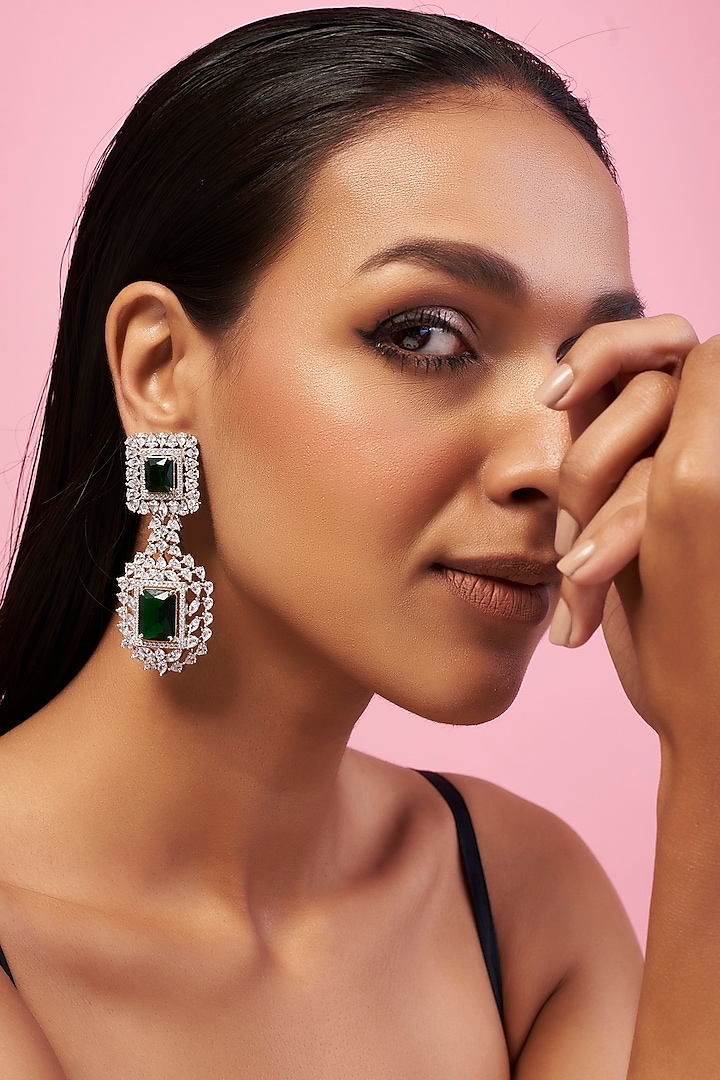 Silver Finish Emerald & Zircon Diamond Earrings by Khushi Jewels