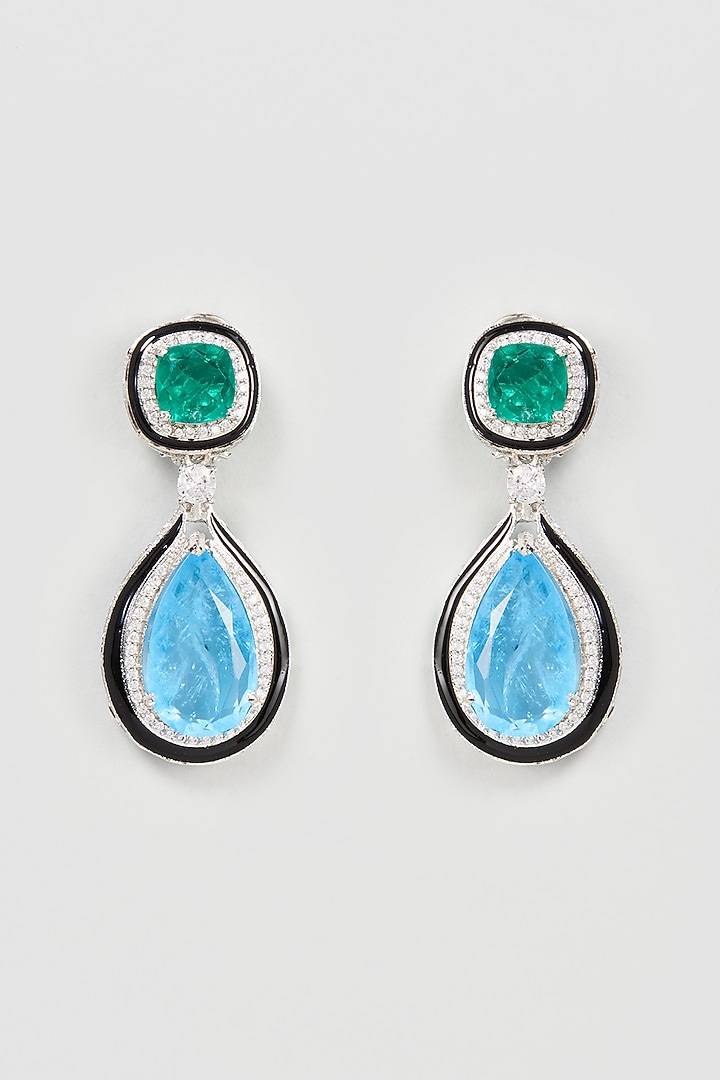 Silver Finish Blue Emerald & Zircon Diamond Earrings by Khushi Jewels at Pernia's Pop Up Shop