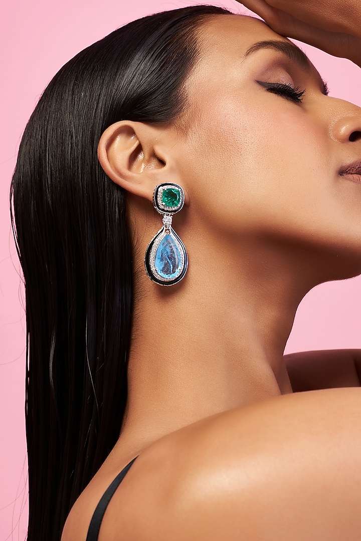 Silver Finish Blue Emerald & Zircon Diamond Earrings by Khushi Jewels