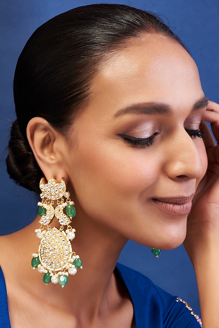 Gold Finish Green & White Kundan Polki Chandbali Earrings by Khushi Jewels