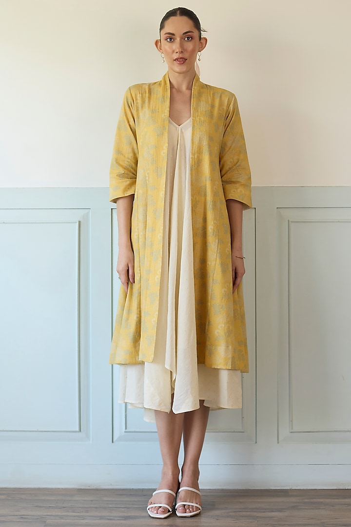 Ivory & Yellow Cotton Floral Printed Jacket Vacation Dress by Khyati Rughani at Pernia's Pop Up Shop