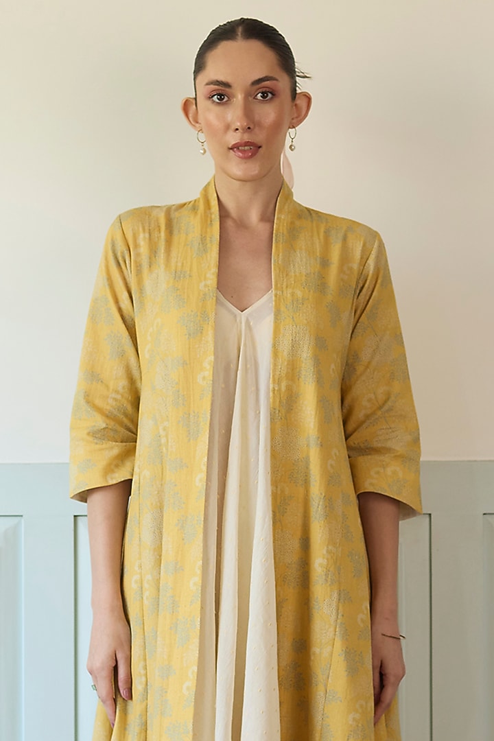 Ivory & Yellow Cotton Floral Printed Jacket Vacation Dress by Khyati Rughani at Pernia's Pop Up Shop