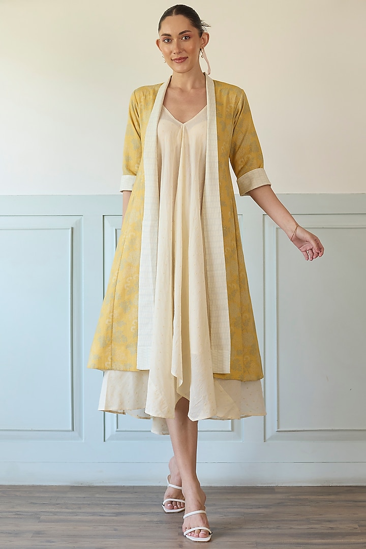 Ivory & Yellow Cotton Floral Printed Jacket Vacation Dress by Khyati Rughani at Pernia's Pop Up Shop