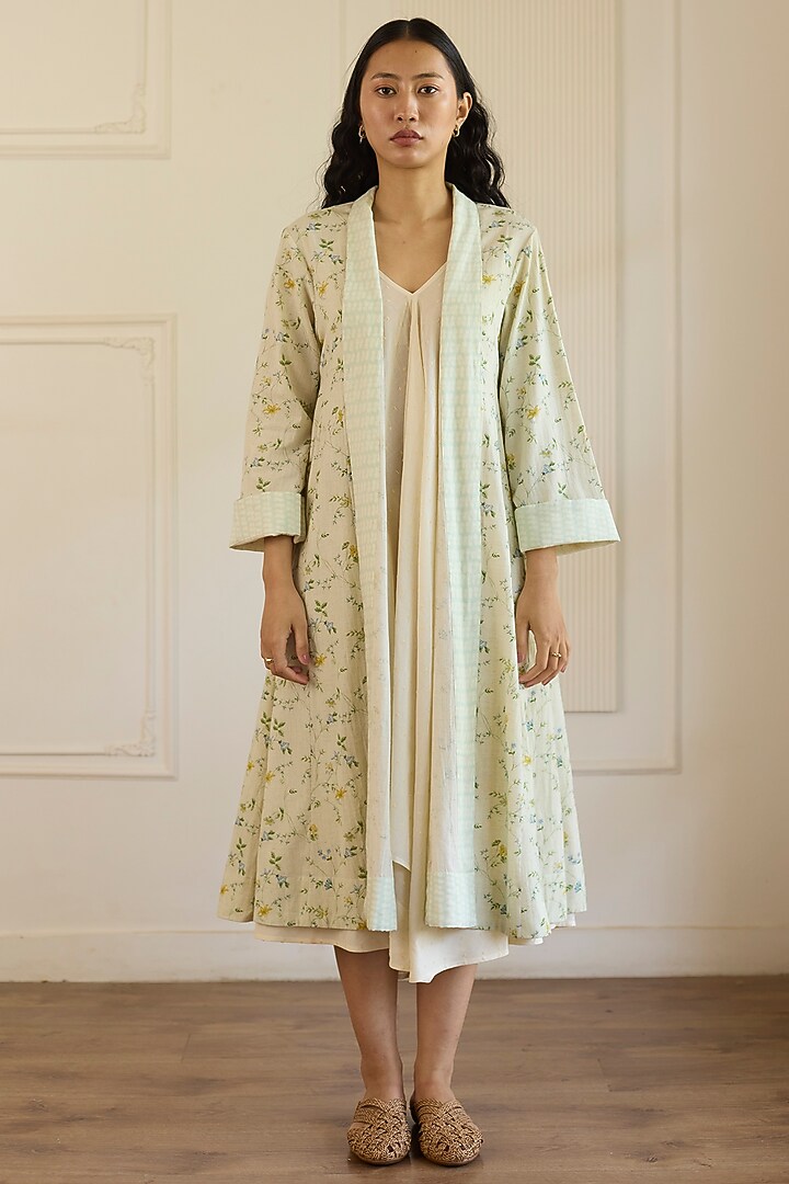 Ivory & Mint Green Cotton Floral Printed Jacket Vacation Dress by Khyati Rughani at Pernia's Pop Up Shop