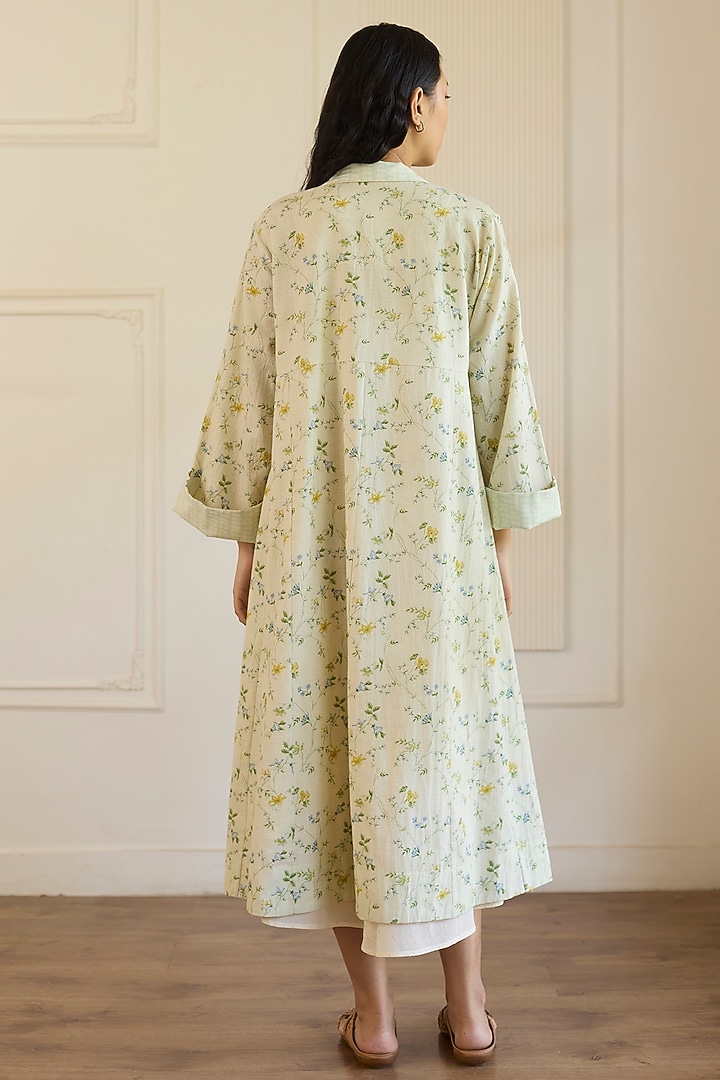 Ivory & Mint Green Cotton Floral Printed Jacket Vacation Dress by Khyati Rughani at Pernia's Pop Up Shop