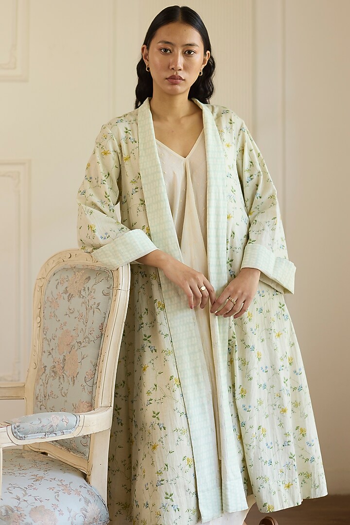 Ivory & Mint Green Cotton Floral Printed Jacket Vacation Dress by Khyati Rughani at Pernia's Pop Up Shop