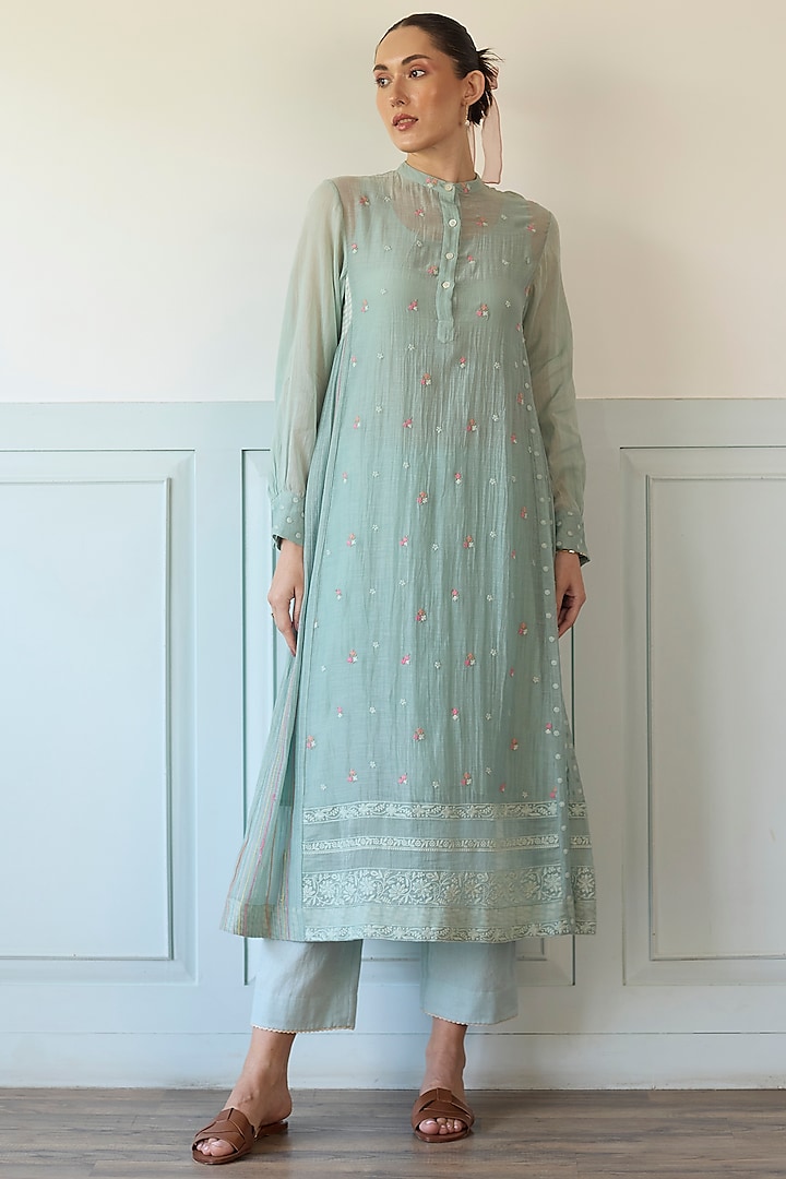 Pastel Blue Cotton Floral Embroidered Kurta Set by Khyati Rughani at Pernia's Pop Up Shop