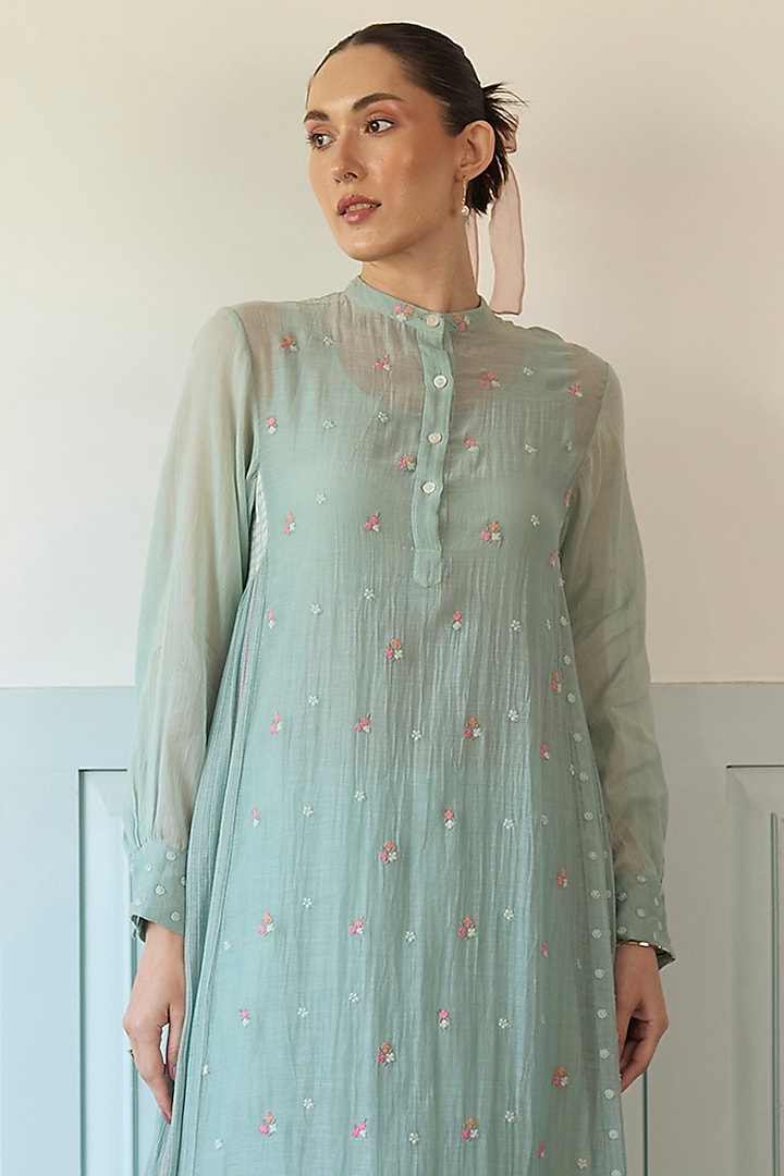 Pastel Blue Cotton Floral Embroidered Kurta Set by Khyati Rughani at Pernia's Pop Up Shop