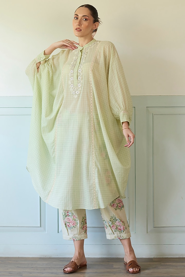 Mint Green Cotton Thread Embroidered Kaftan Set by Khyati Rughani at Pernia's Pop Up Shop