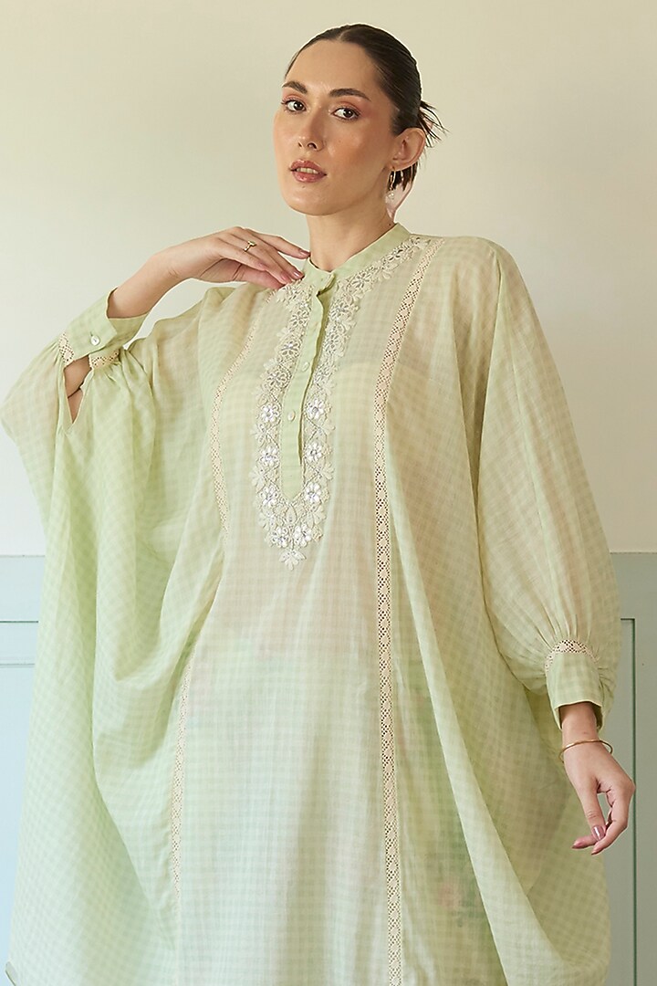 Mint Green Cotton Thread Embroidered Kaftan Set by Khyati Rughani at Pernia's Pop Up Shop