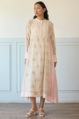 Light Pink Cotton Patchwork Embroidered Dress by Khyati Rughani