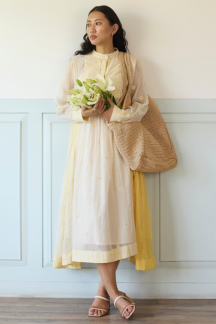 Yellow Cotton Patchwork Embroidered Tunic Vacation Dress by Khyati Rughani at Pernia's Pop Up Shop
