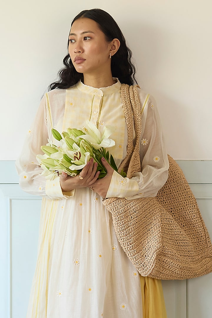 Yellow Cotton Patchwork Embroidered Tunic Vacation Dress by Khyati Rughani at Pernia's Pop Up Shop