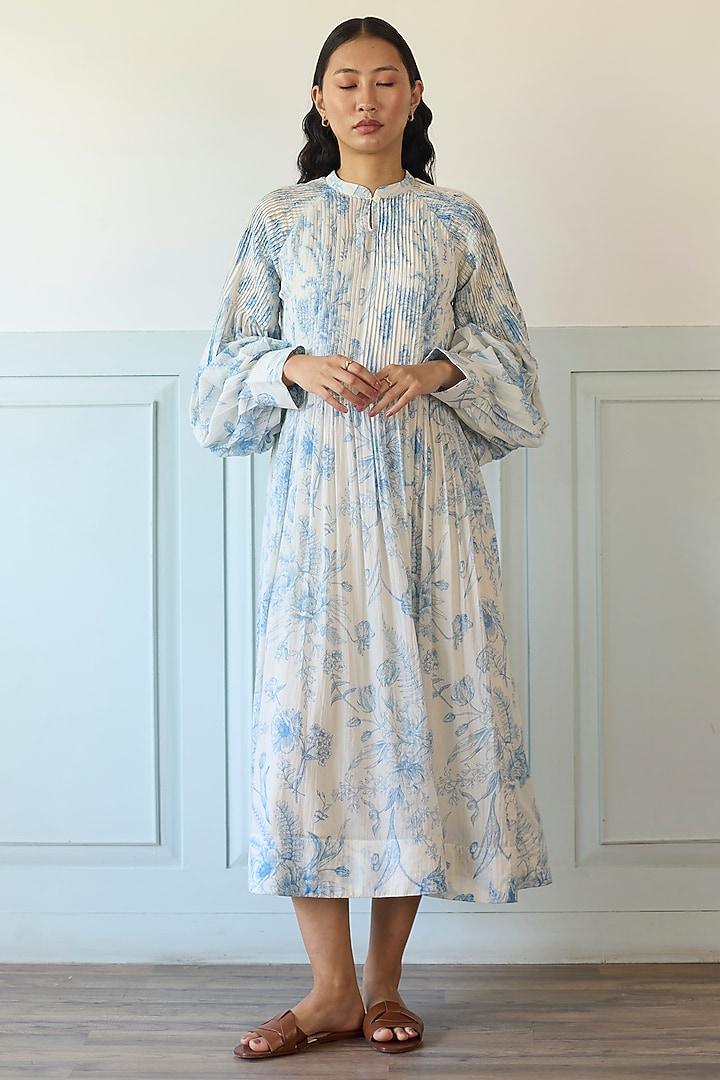 Blue & White Cotton Pintuck Vacation Dress by Khyati Rughani at Pernia's Pop Up Shop