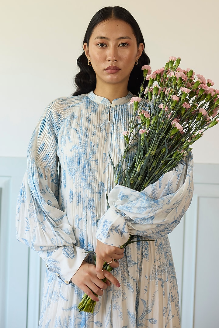 Blue & White Cotton Pintuck Vacation Dress by Khyati Rughani at Pernia's Pop Up Shop