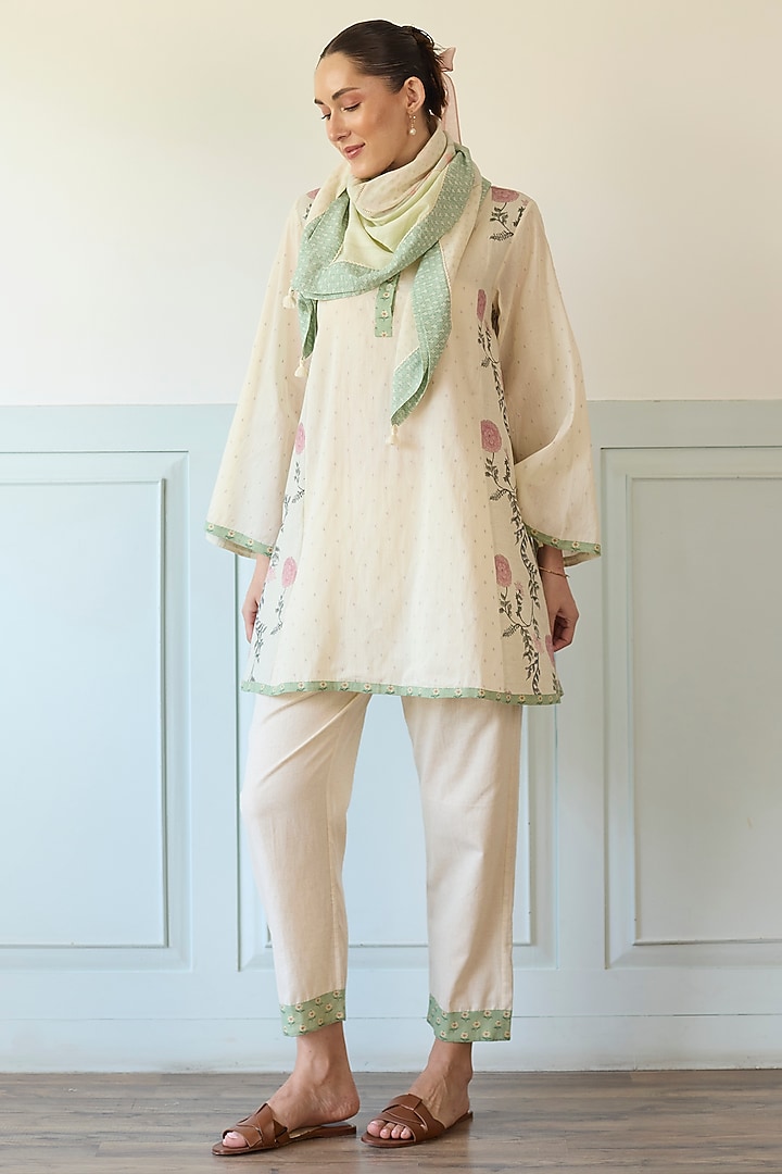 Purple & Green Cotton Embroidered A-Line Short Kurta Set by Khyati Rughani at Pernia's Pop Up Shop