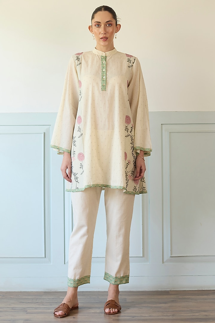 Purple & Green Cotton Embroidered A-Line Short Kurta Set by Khyati Rughani at Pernia's Pop Up Shop