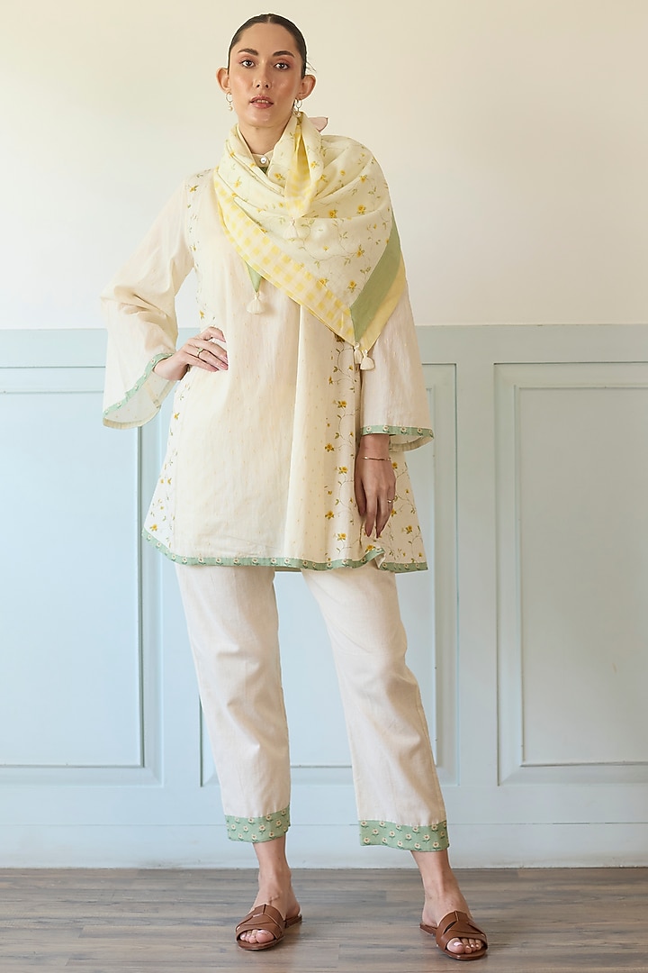 Yellow & Green Cotton Embroidered A-Line Short Kurta Set by Khyati Rughani at Pernia's Pop Up Shop