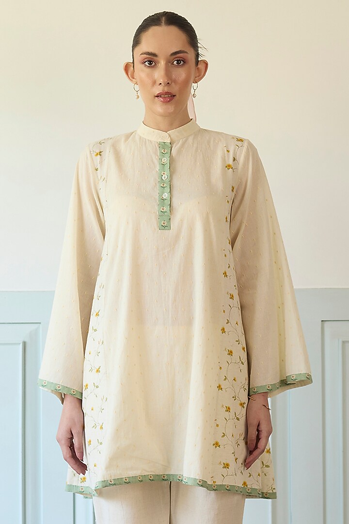 Yellow & Green Cotton Embroidered A-Line Short Kurta Set by Khyati Rughani at Pernia's Pop Up Shop