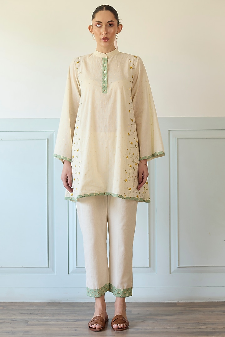 Yellow & Green Cotton Embroidered A-Line Short Kurta Set by Khyati Rughani at Pernia's Pop Up Shop