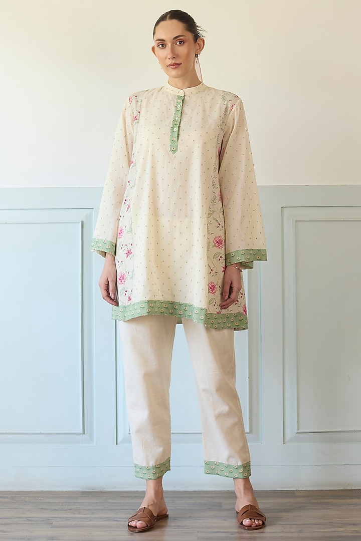 Pink & Green Cotton Embroidered A-Line Short Kurta Set by Khyati Rughani at Pernia's Pop Up Shop