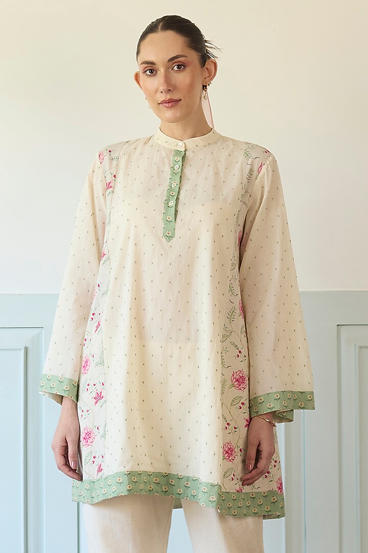 Pink & Green Cotton Embroidered A-Line Short Kurta Set by Khyati Rughani at Pernia's Pop Up Shop