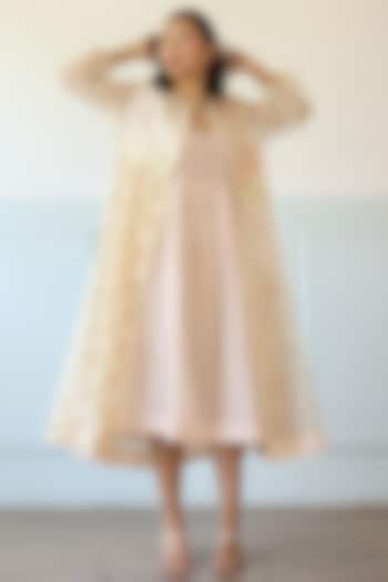Pink & Ivory Cotton & Chanderi Silk Pleated Jacket Vacation Dress by Khyati Rughani at Pernia's Pop Up Shop