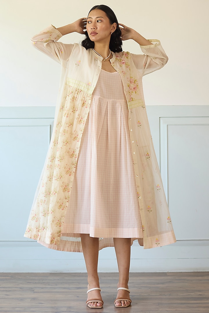 Pink & Ivory Cotton & Chanderi Silk Pleated Jacket Vacation Dress by Khyati Rughani at Pernia's Pop Up Shop