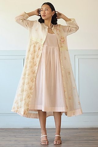 Pink & Ivory Cotton & Chanderi Silk Pleated Jacket Dress by Khyati Rughani