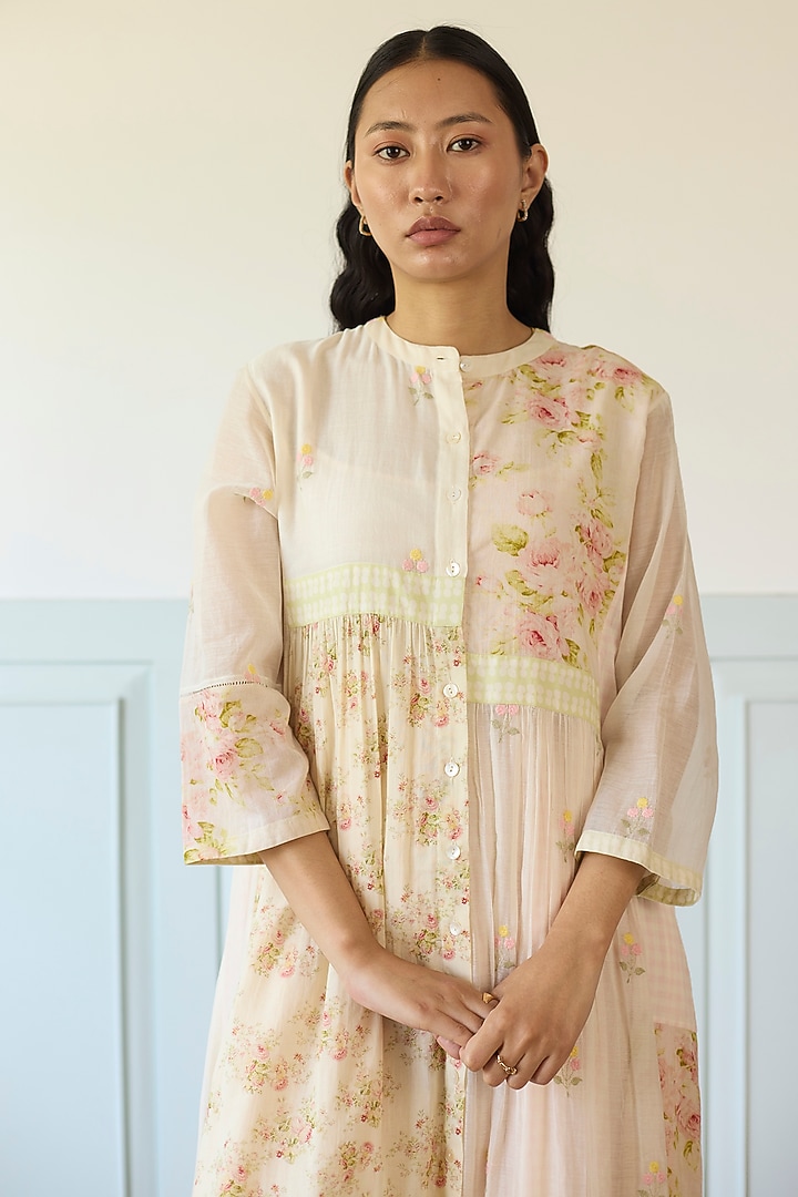 Pink & Ivory Cotton & Chanderi Silk Pleated Jacket Vacation Dress by Khyati Rughani at Pernia's Pop Up Shop