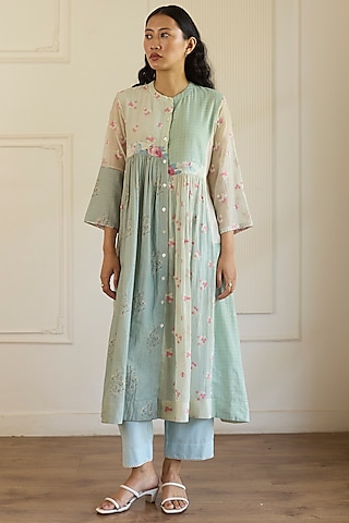 Light Blue Chanderi Silk Printed Kurta Set by Khyati Rughani