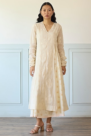 Ivory Cotton Gathered Jacket Dress by Khyati Rughani