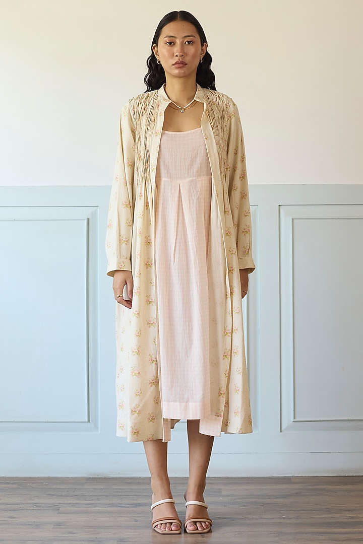 Pink & Ivory Cotton Pleated Jacket Vacation Dress by Khyati Rughani at Pernia's Pop Up Shop