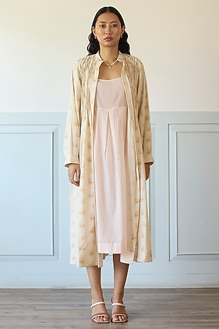 Pink & Ivory Cotton Pleated Jacket Dress by Khyati Rughani