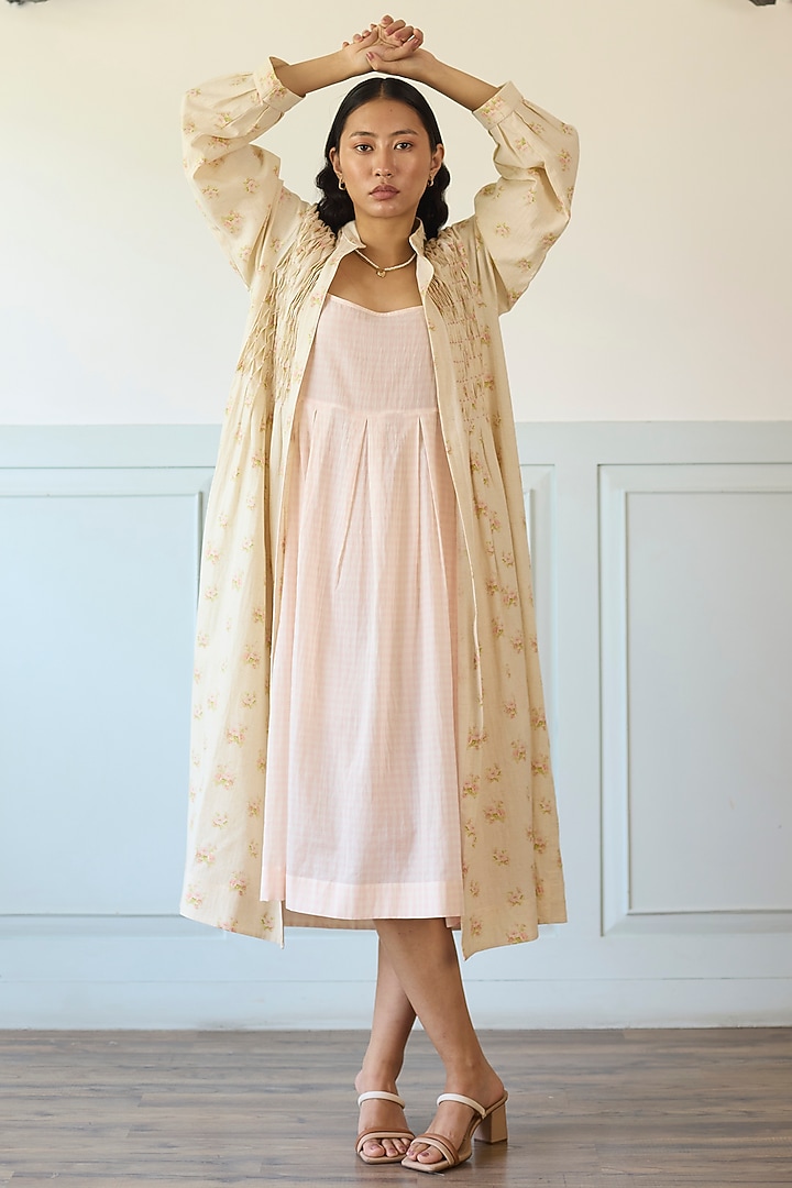 Pink & Ivory Cotton Pleated Jacket Vacation Dress by Khyati Rughani at Pernia's Pop Up Shop
